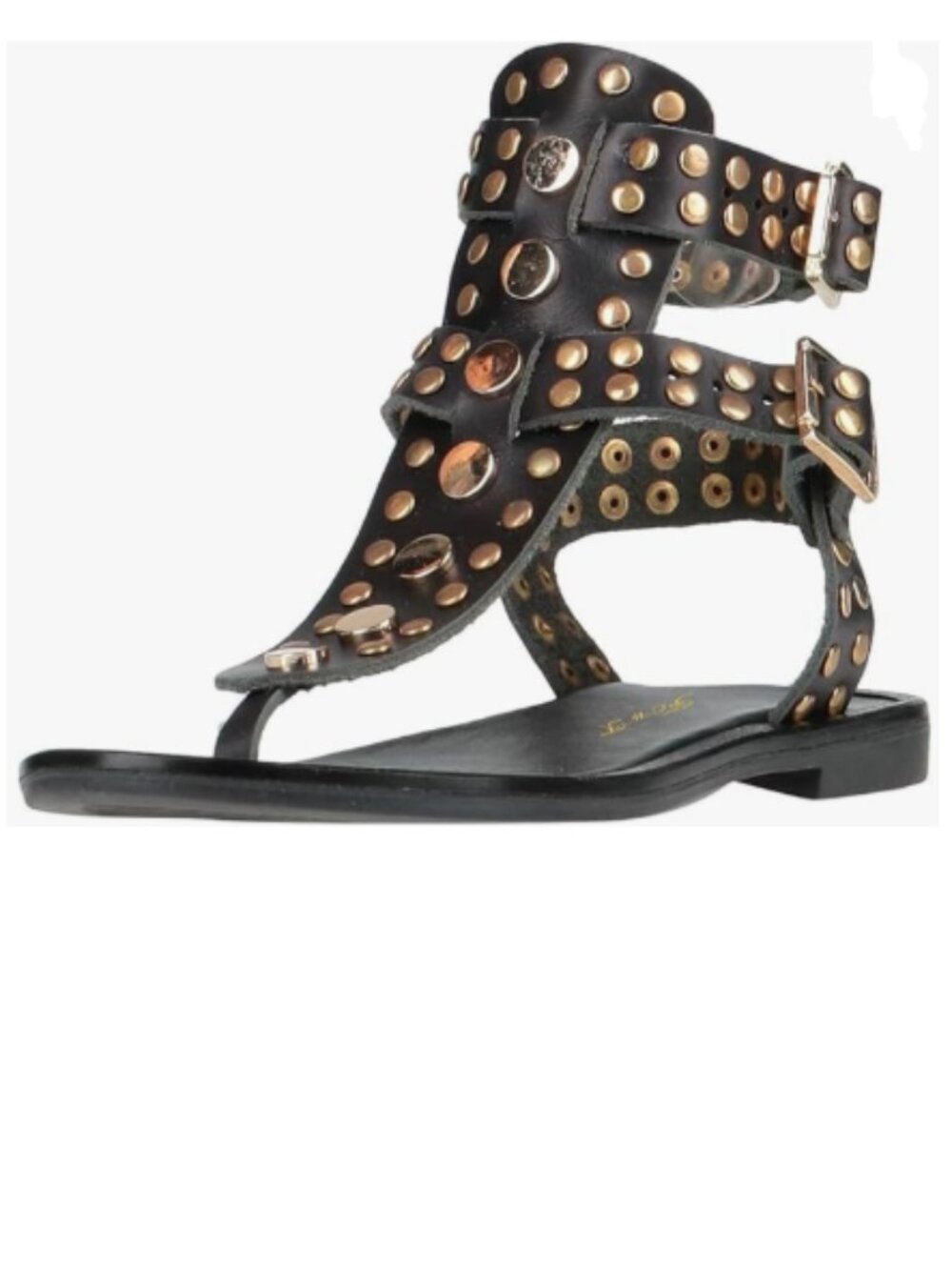 FOWT Black Round Split Toe Sandal Rivet Studded Flat Gladiators Ankle Strap Shoe